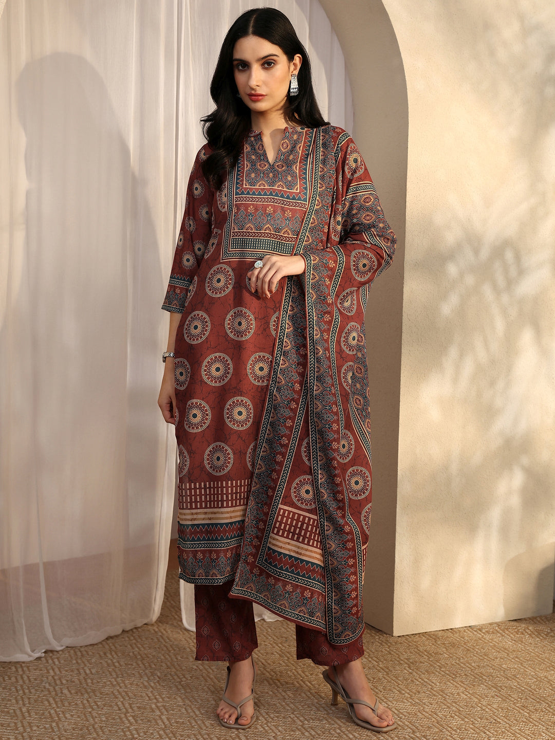 Rust Printed Cotton Blend Straight Suit Set With Dupatta