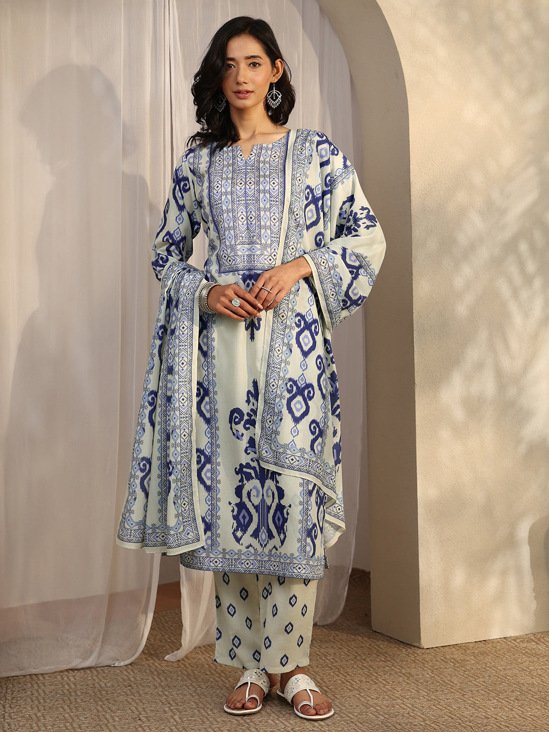  Off White Printed Cotton Blend Straight Suit Set With Dupatta 
