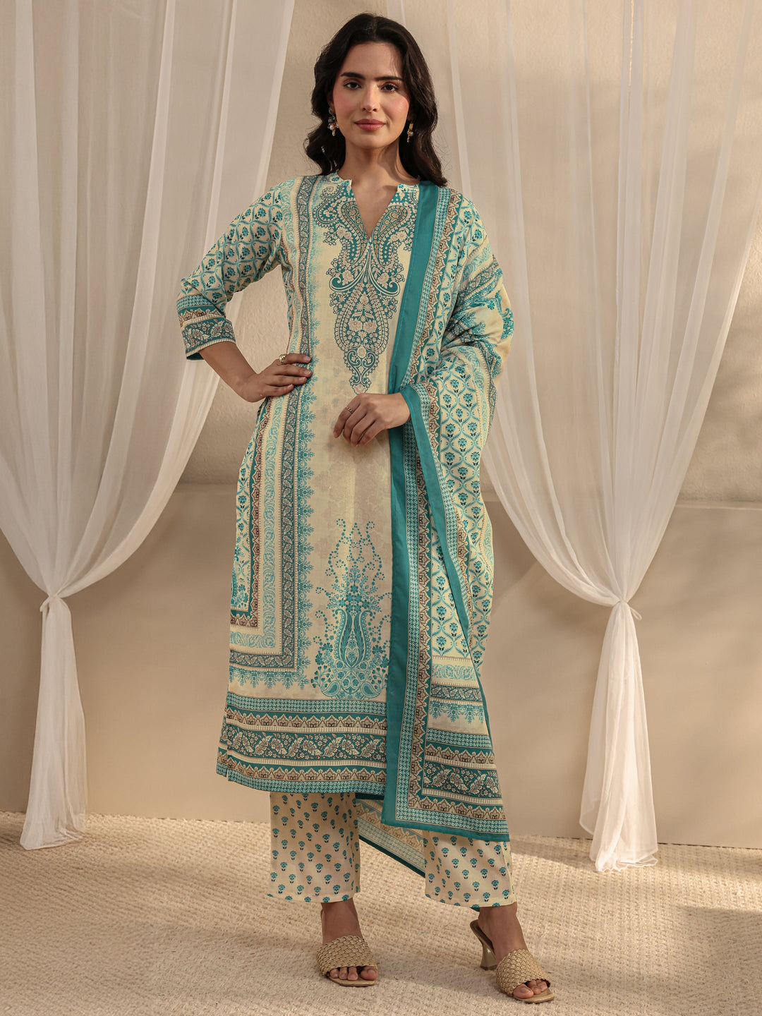  Blue Ethnic Motif Printed Cotton Blend Straight Suit Set With Dupatta 