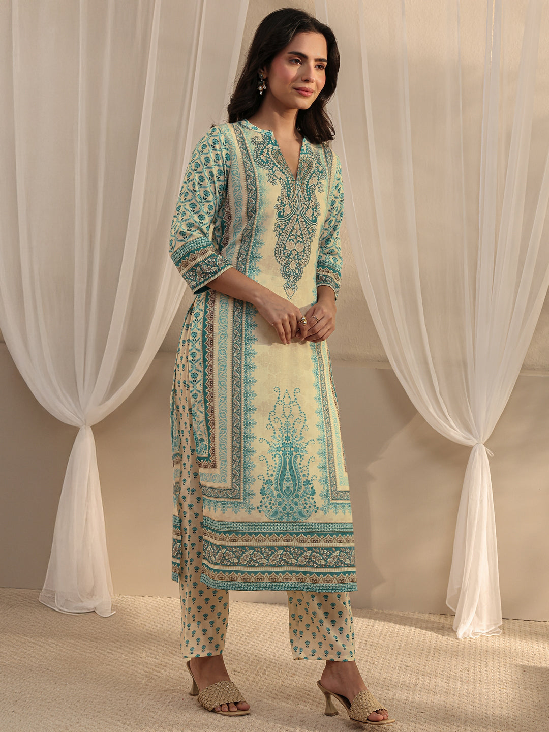  Blue Ethnic Motif Printed Cotton Blend Straight Suit Set With Dupatta 