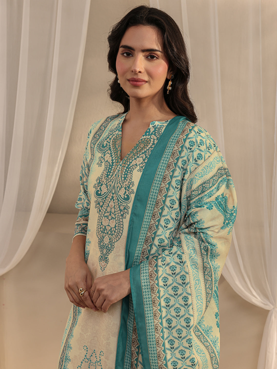  Blue Ethnic Motif Printed Cotton Blend Straight Suit Set With Dupatta 