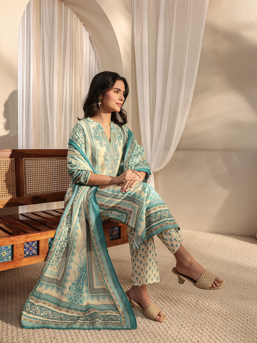  Blue Ethnic Motif Printed Cotton Blend Straight Suit Set With Dupatta 