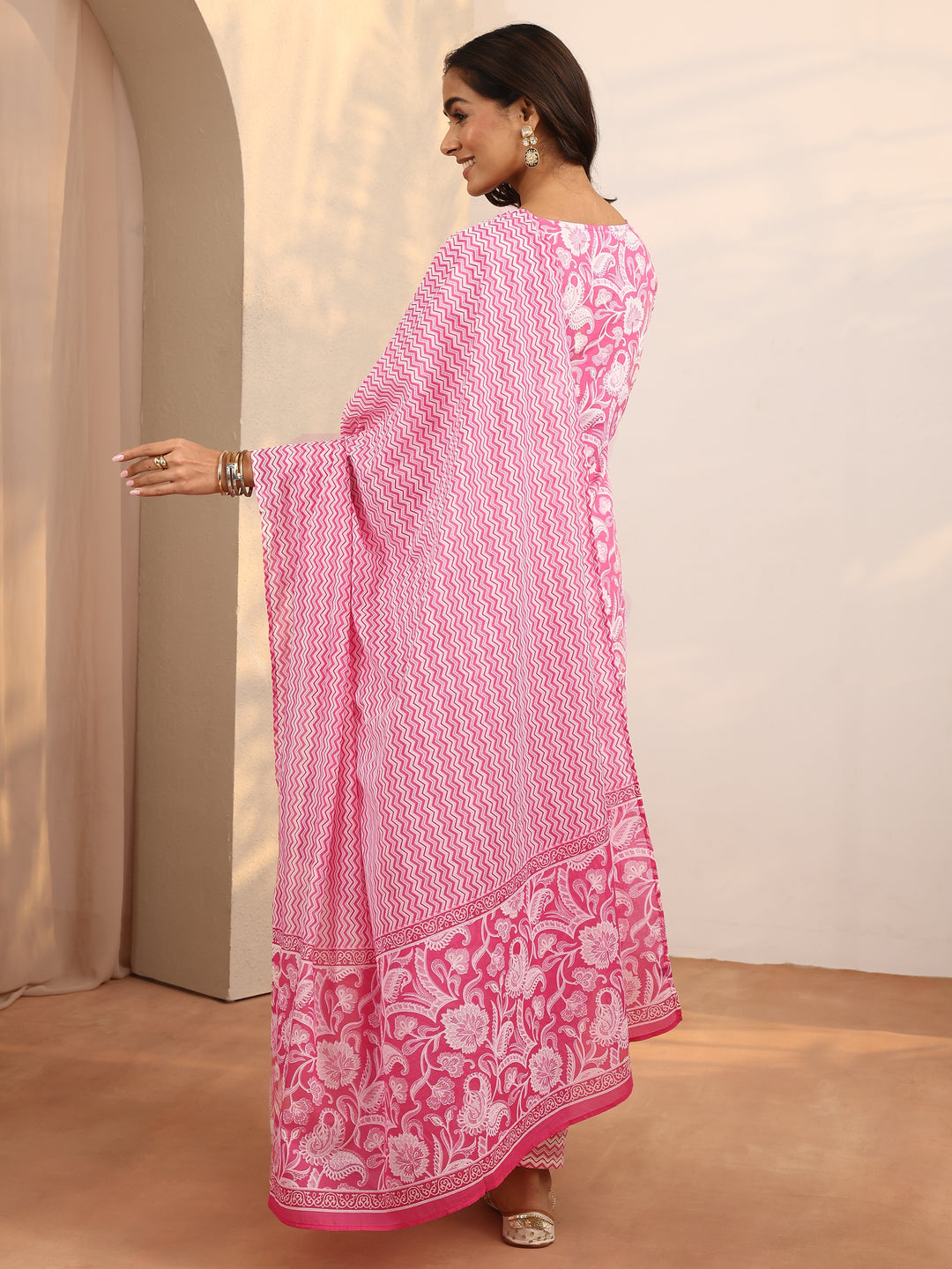  Pink Printed Cotton Straight Suit Set With Dupatta 