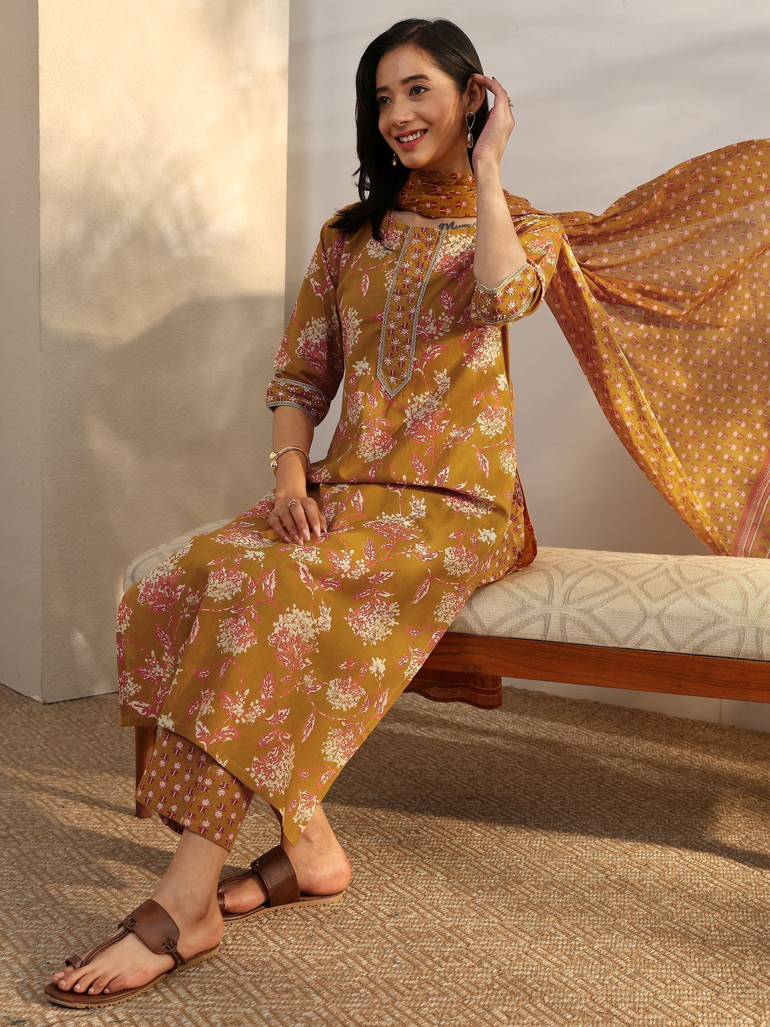  Mustard Printed Cotton Straight Suit Set With Dupatta 
