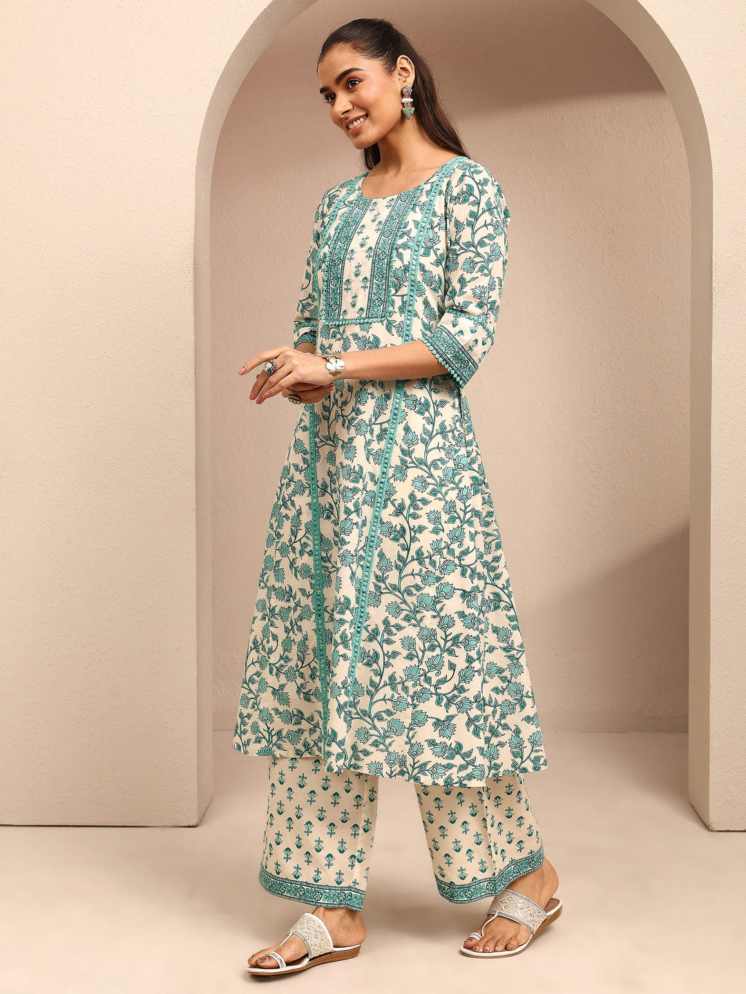  Blue Printed Cotton Anarkali Suit Set With Dupatta 