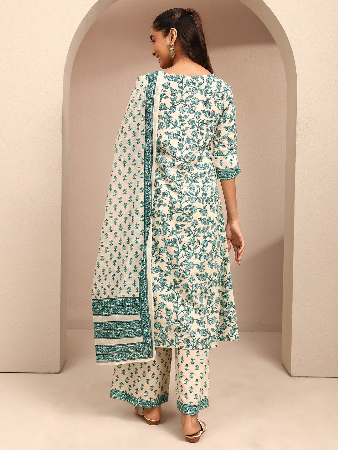  Blue Printed Cotton Anarkali Suit Set With Dupatta 