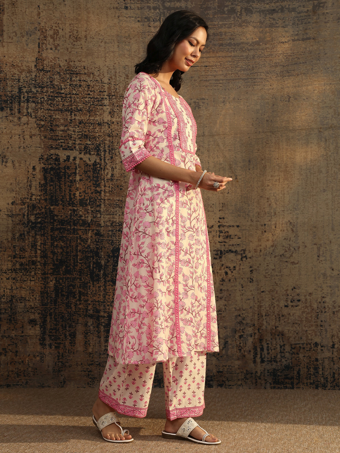  Peach Printed Cotton Anarkali Suit Set With Dupatta 