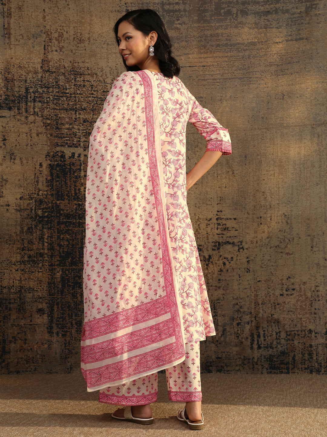  Peach Printed Cotton Anarkali Suit Set With Dupatta 