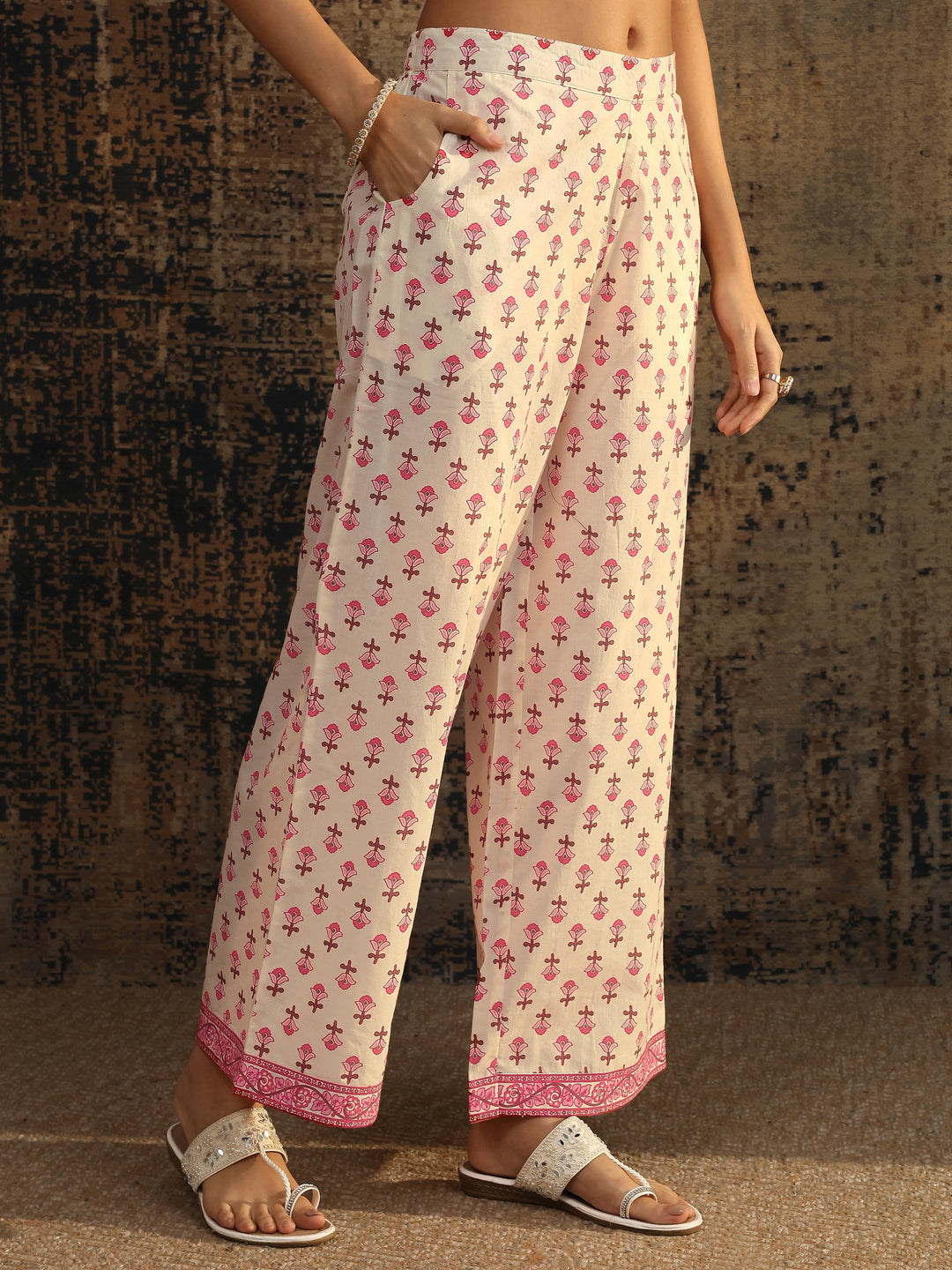  Peach Printed Cotton Anarkali Suit Set With Dupatta 