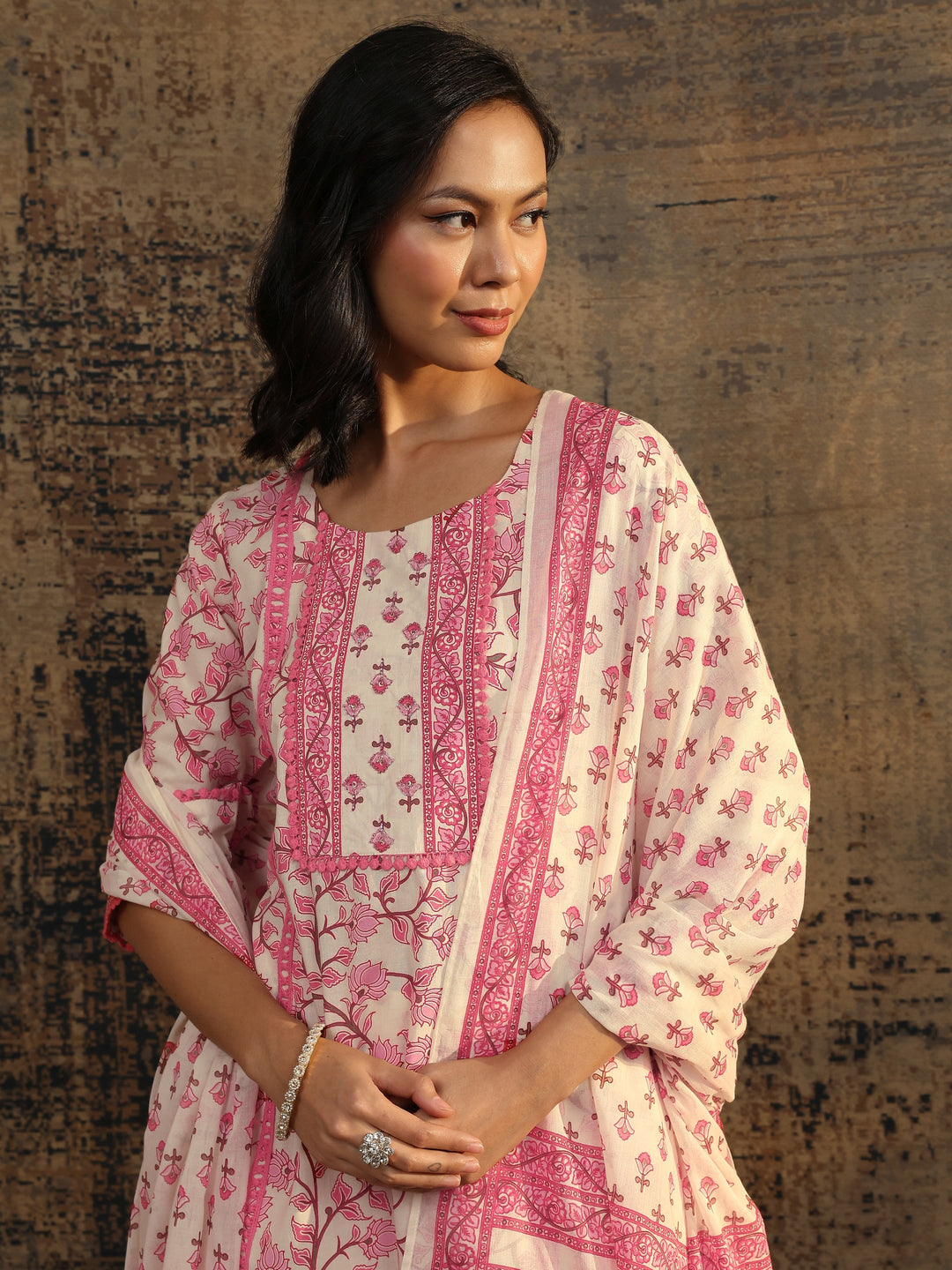  Peach Printed Cotton Anarkali Suit Set With Dupatta 