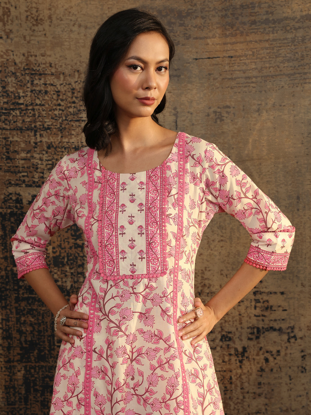  Peach Printed Cotton Anarkali Suit Set With Dupatta 