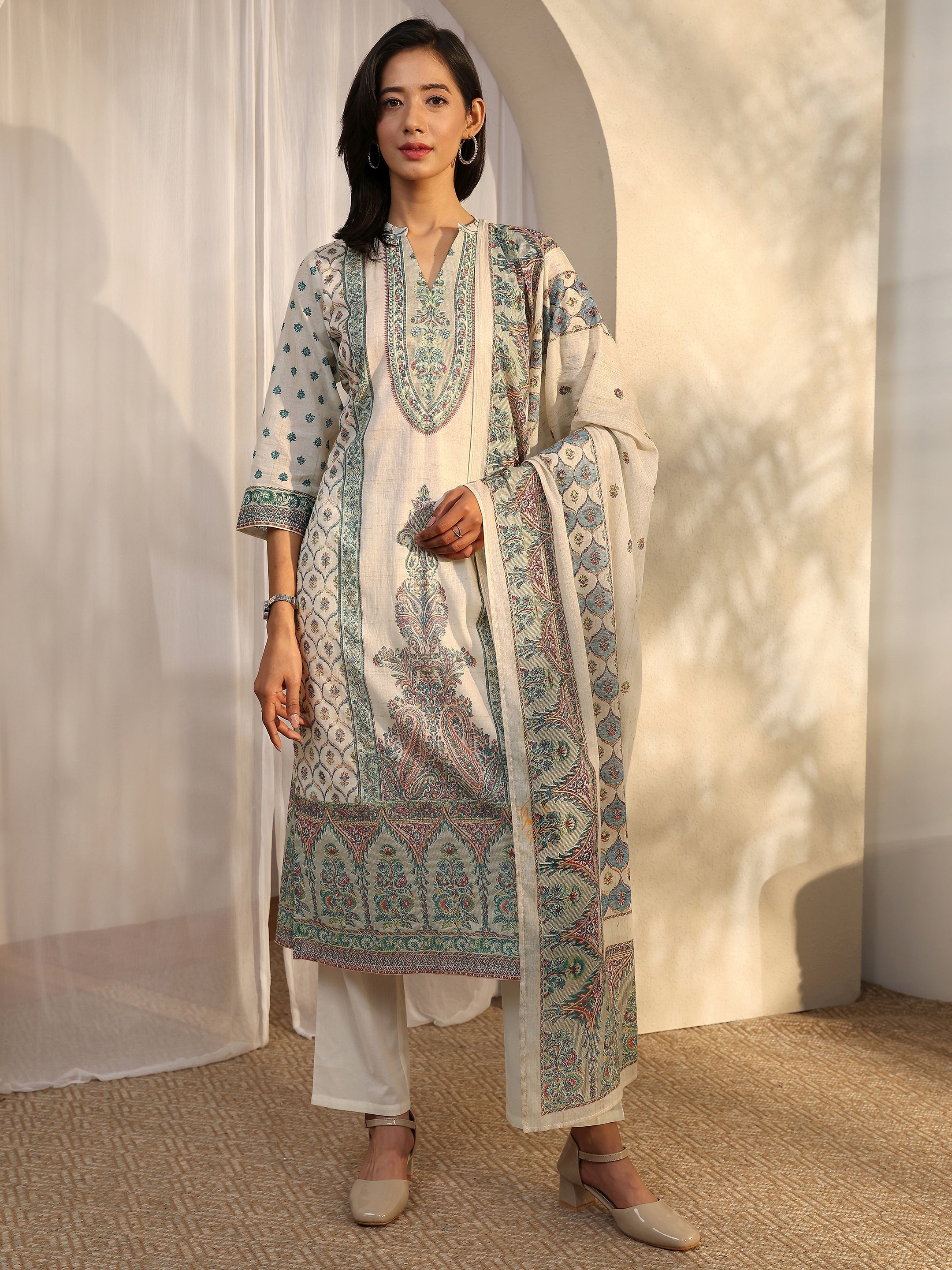 libas Off White Printed Cotton Straight Suit Set With Dupatta-picture-41