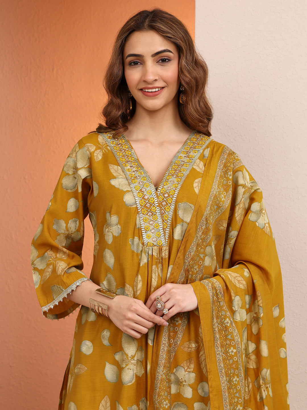 Mustard Printed Silk blend Straight Suit Set With Dupatta 
