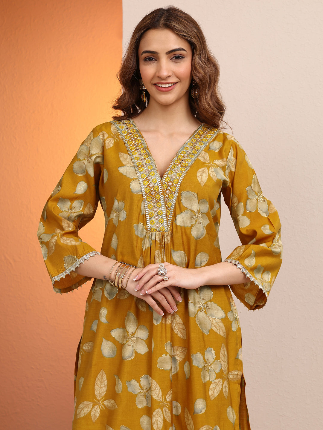  Mustard Printed Silk blend Straight Suit Set With Dupatta 