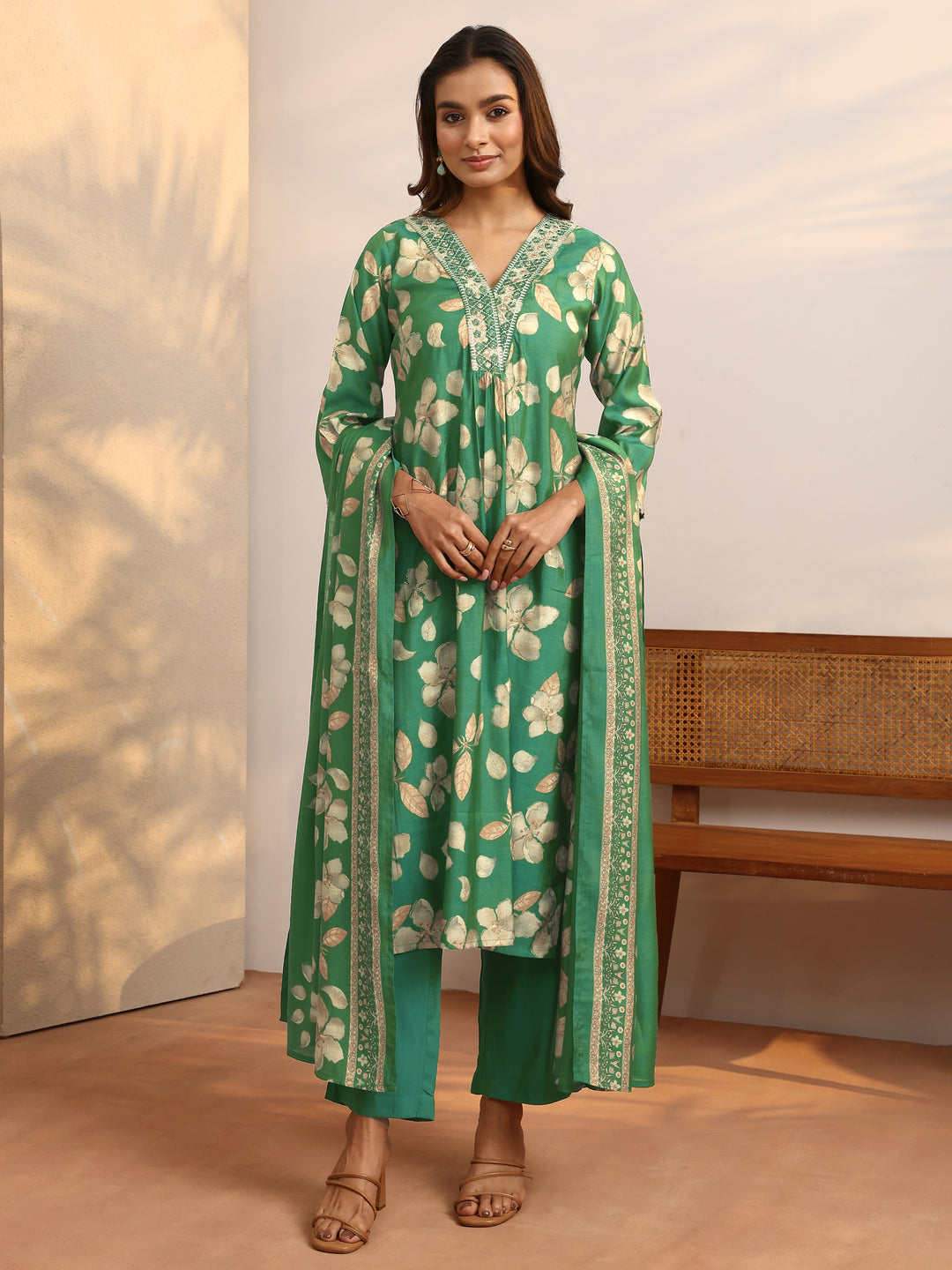  Green Printed Silk Blend A-Line Suit Set With Dupatta 
