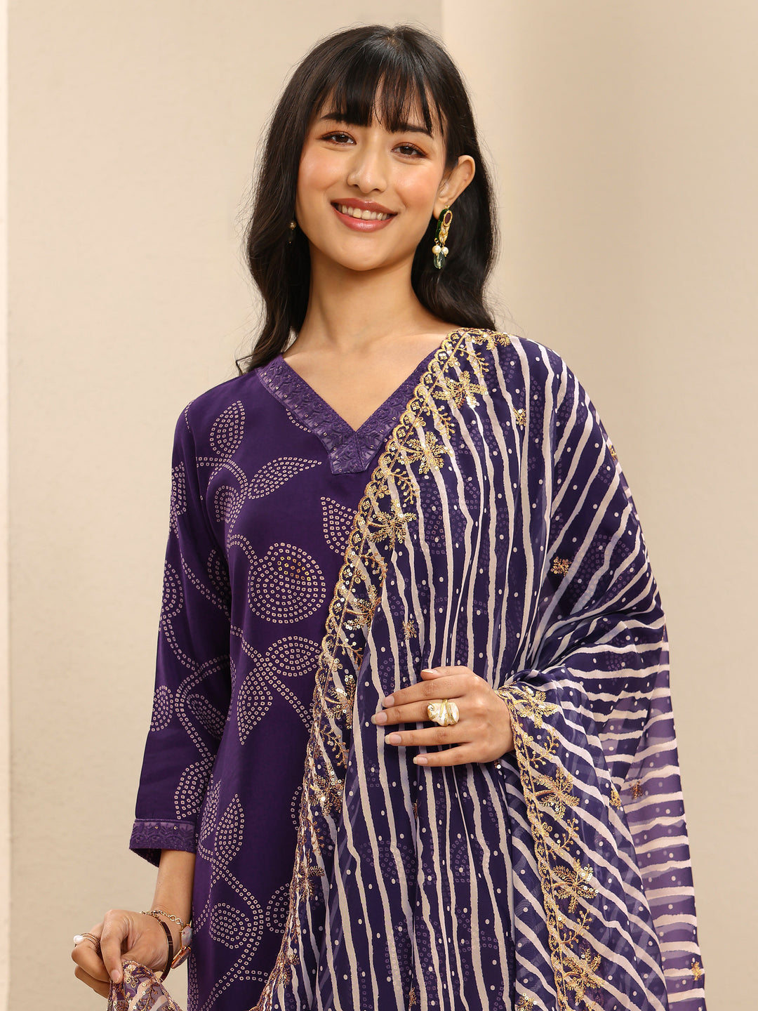  Purple Bandhani Printed Silk Blend Straight Suit Set With Dupatta 