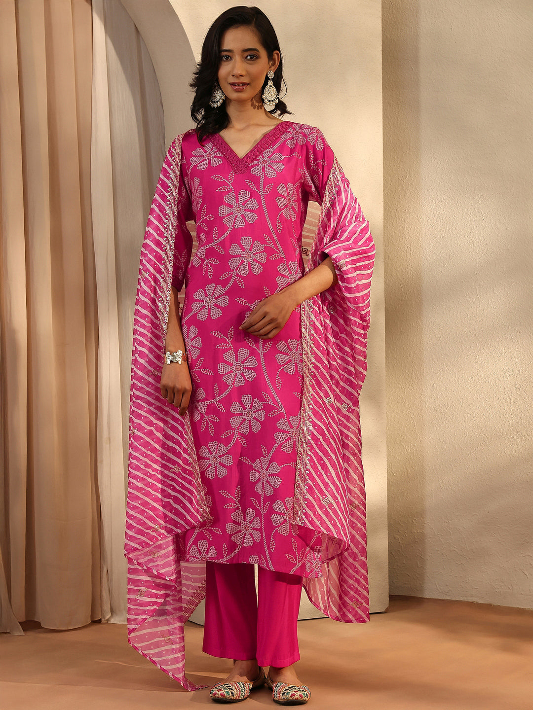  Pink Bandhani Printed Silk Blend Straight Suit Set With Dupatta 