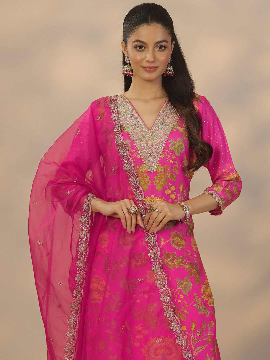  Pink Printed Silk Blend Straight Suit Set With Dupatta 