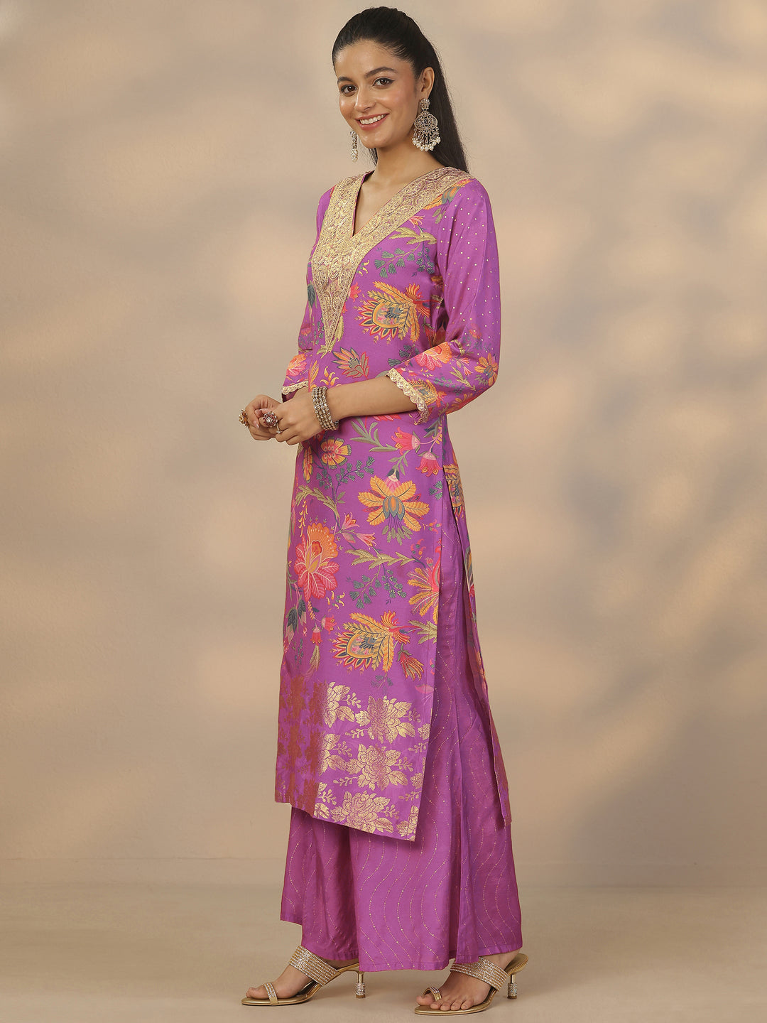 Purple Printed Silk Blend Straight Suit Set With Dupatta 