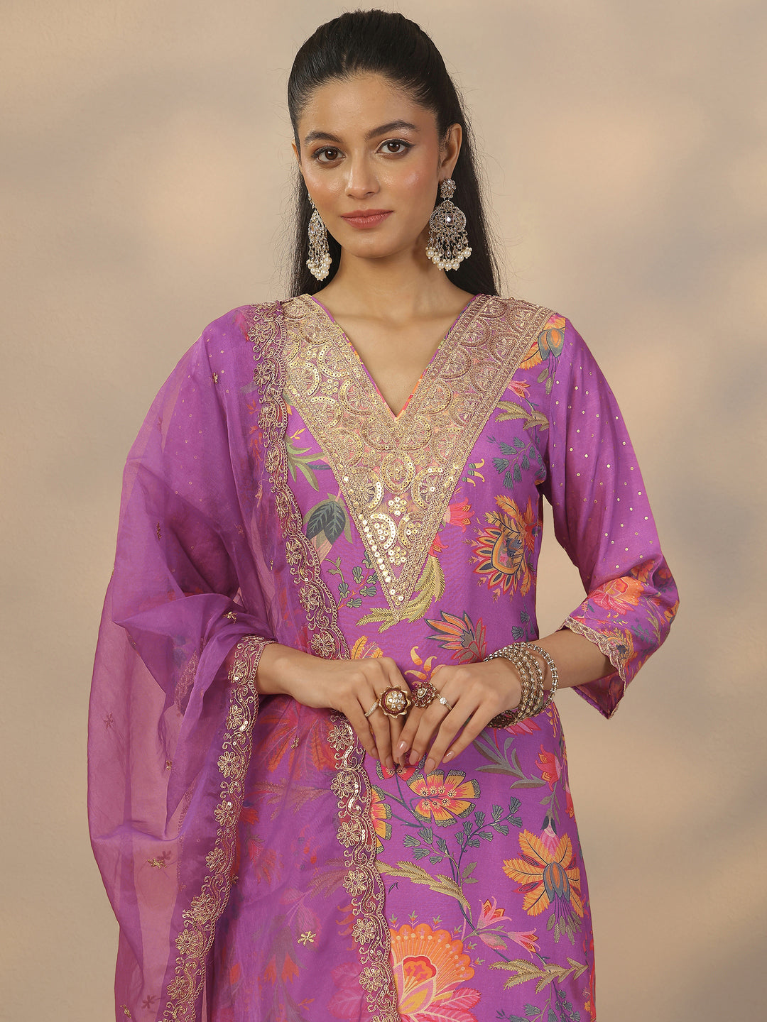  Purple Printed Silk Blend Straight Suit Set With Dupatta 