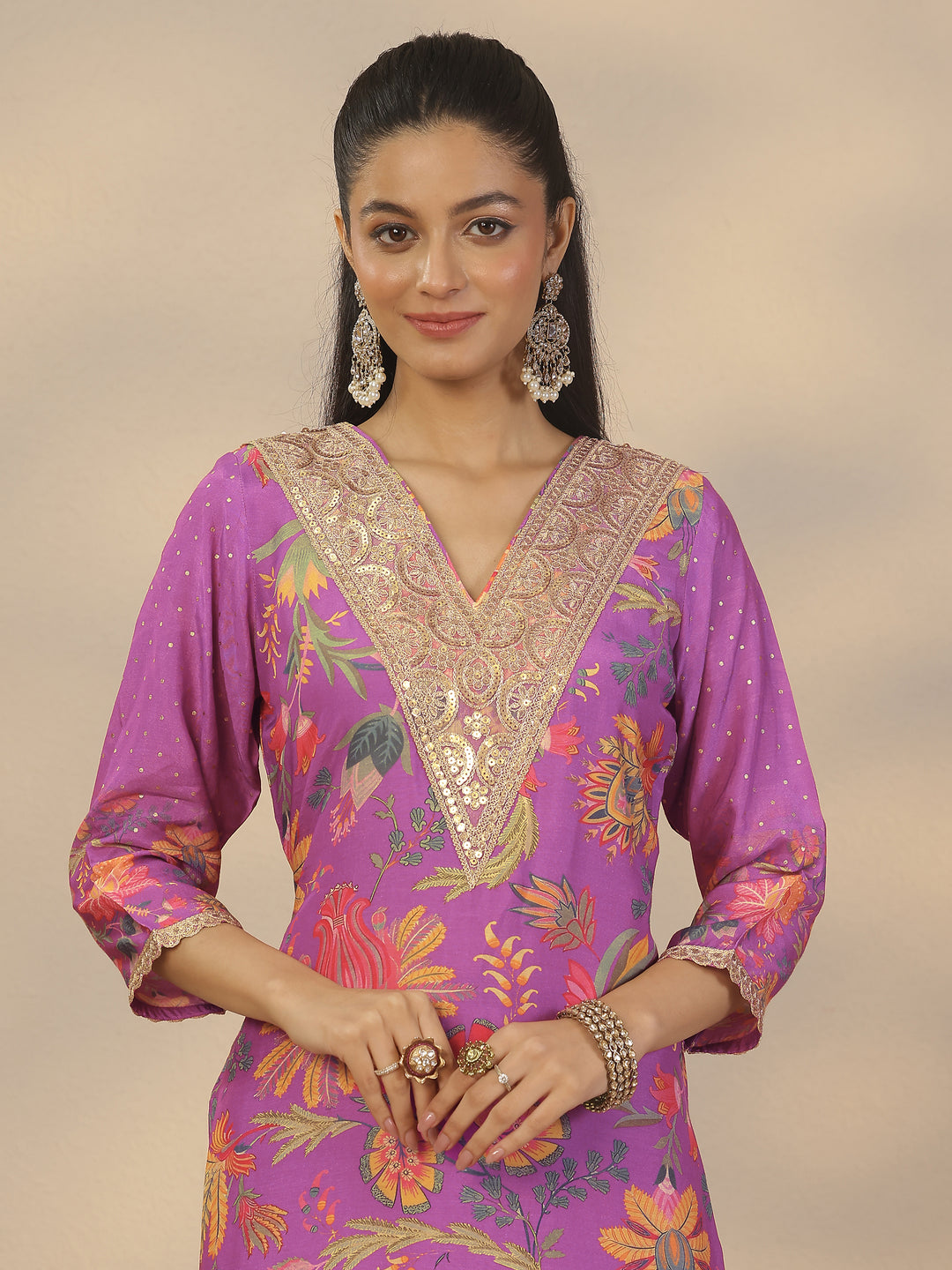  Purple Printed Silk Blend Straight Suit Set With Dupatta 