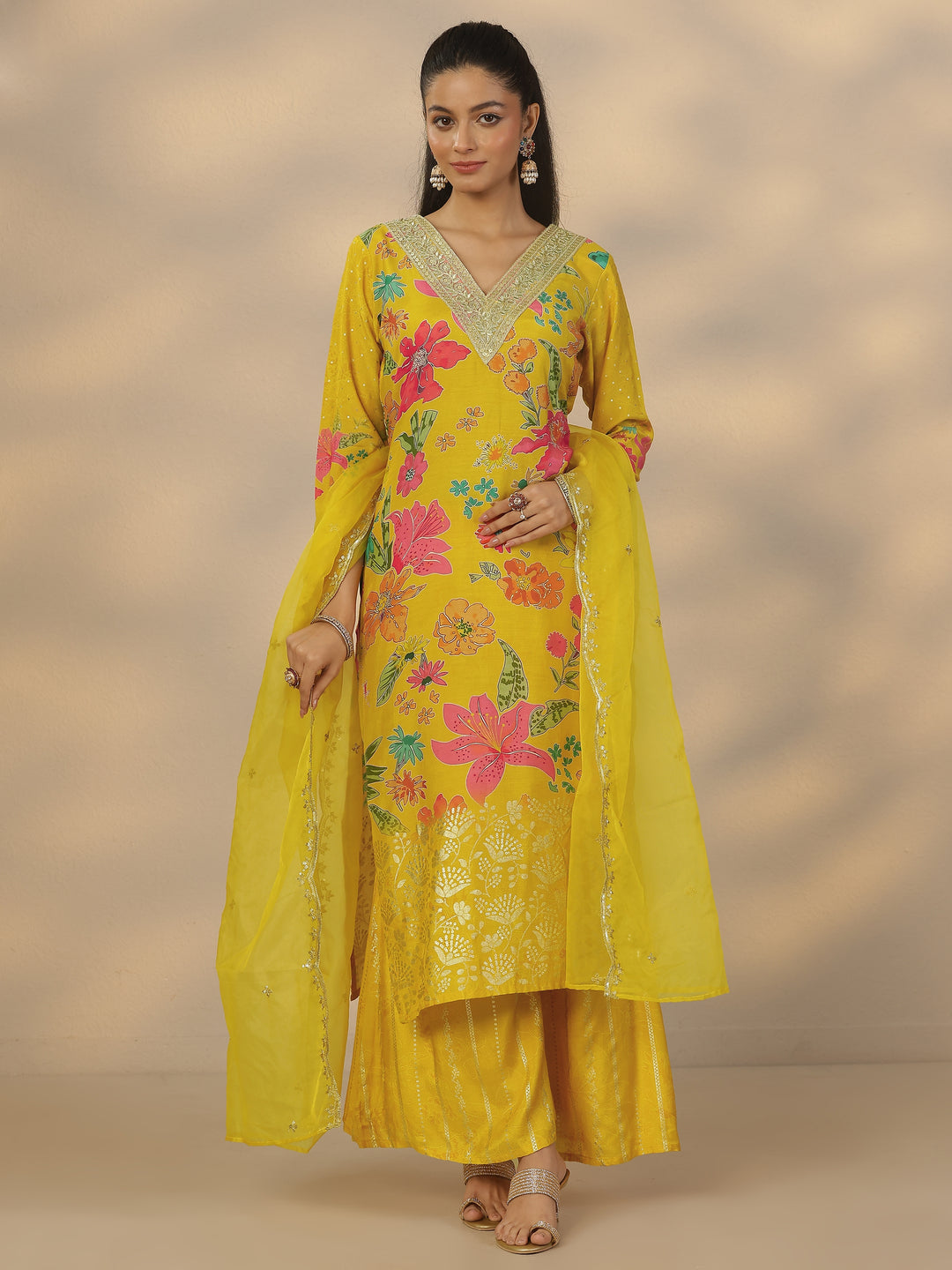  Mustard Printed Silk Blend Straight Suit Set With Dupatta 