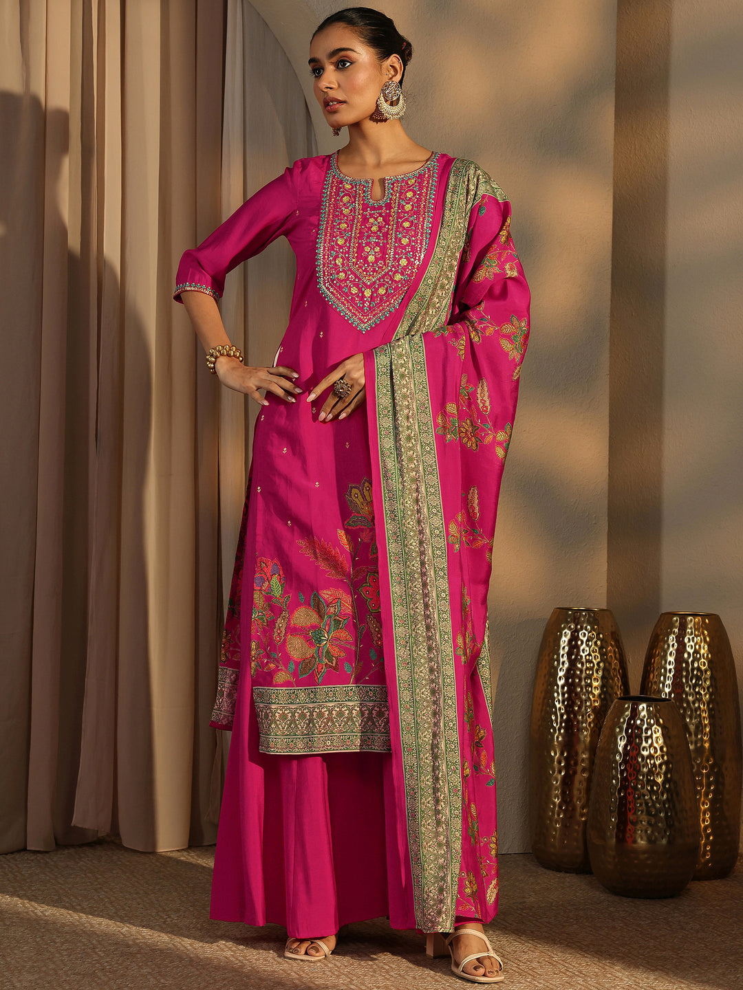  Pink Embroidered Silk Blend Straight Suit Set With Dupatta 