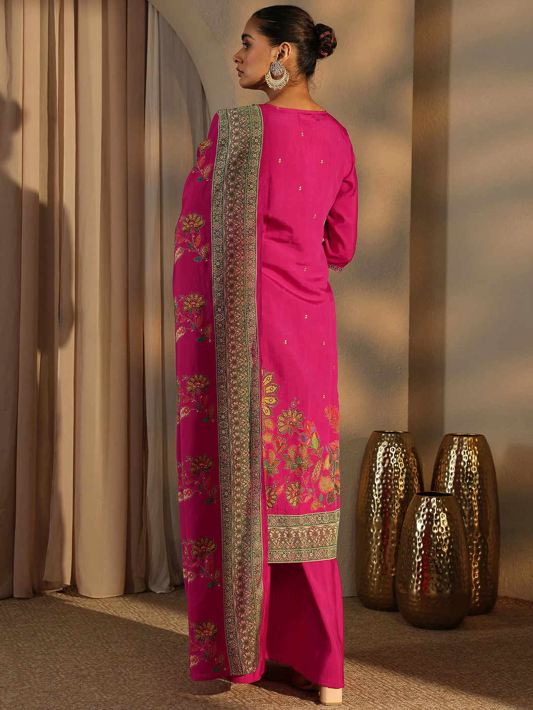  Pink Embroidered Silk Blend Straight Suit Set With Dupatta 