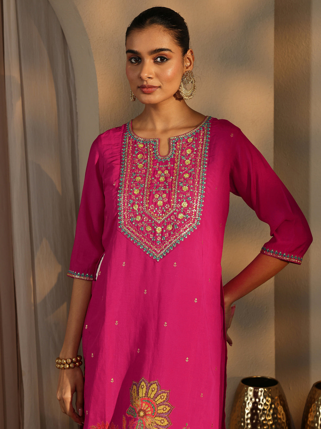  Pink Embroidered Silk Blend Straight Suit Set With Dupatta 