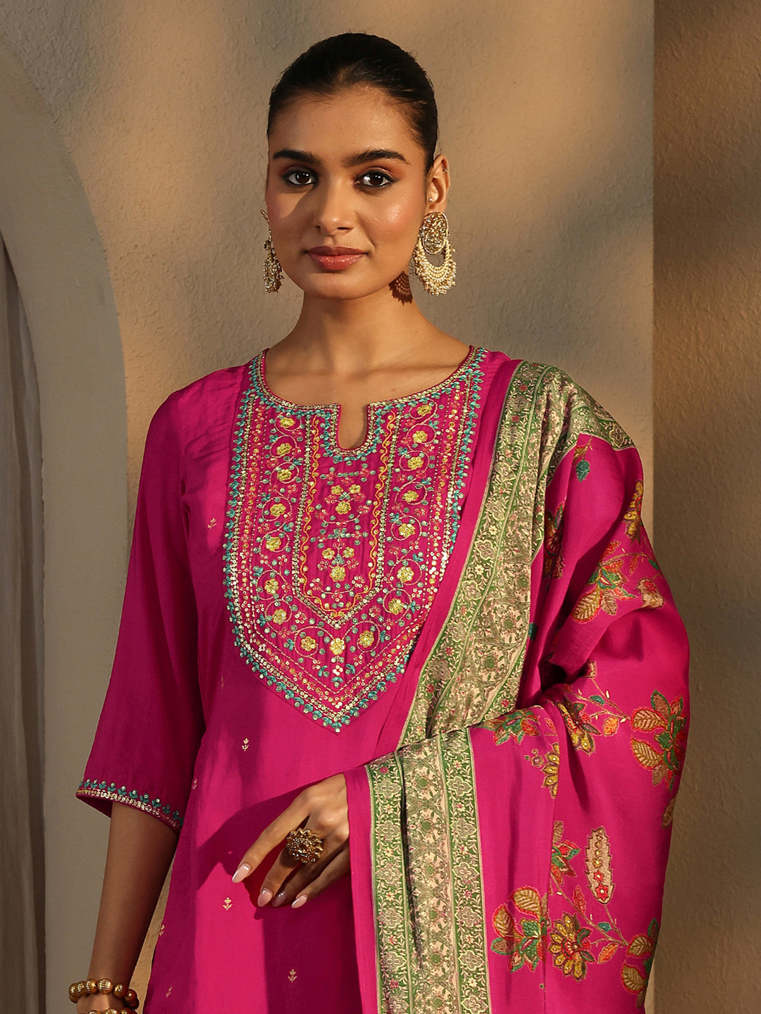  Pink Embroidered Silk Blend Straight Suit Set With Dupatta 