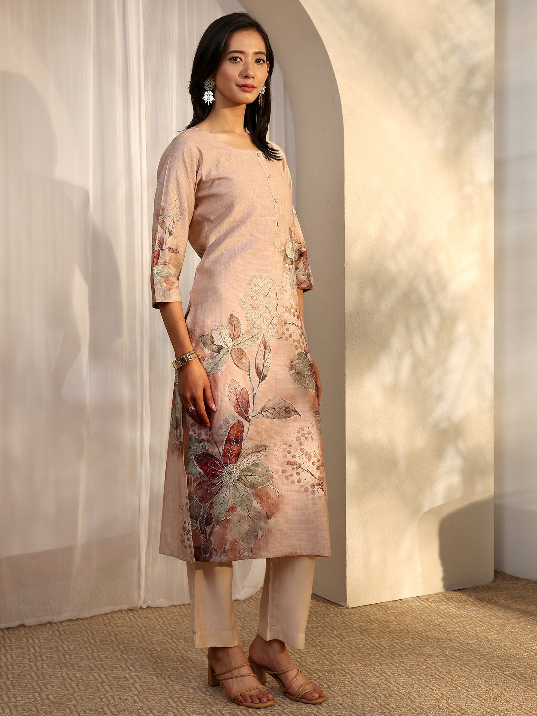  Beige Printed Silk Blend Straight Suit Set With Dupatta 