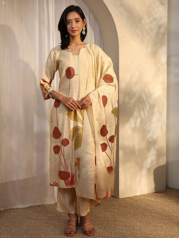 Off White Printed Silk Blend Straight Suit Set With Dupatta