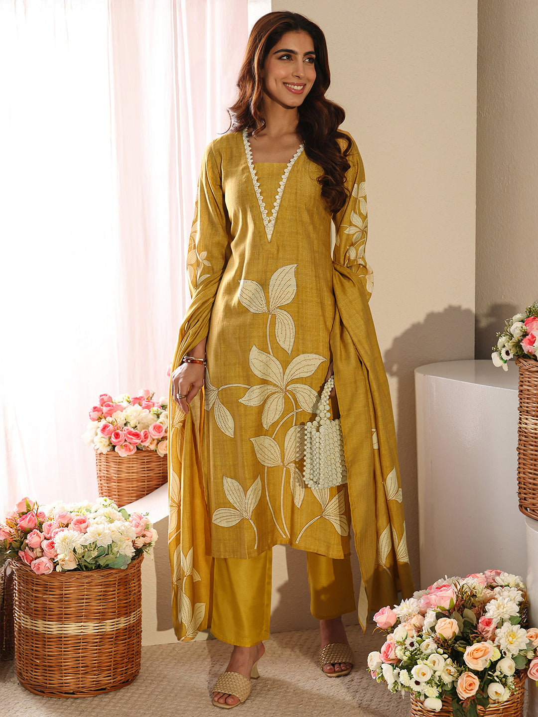 Mustard Floral Printed Silk-Blend Straight Suit Set With Dupatta