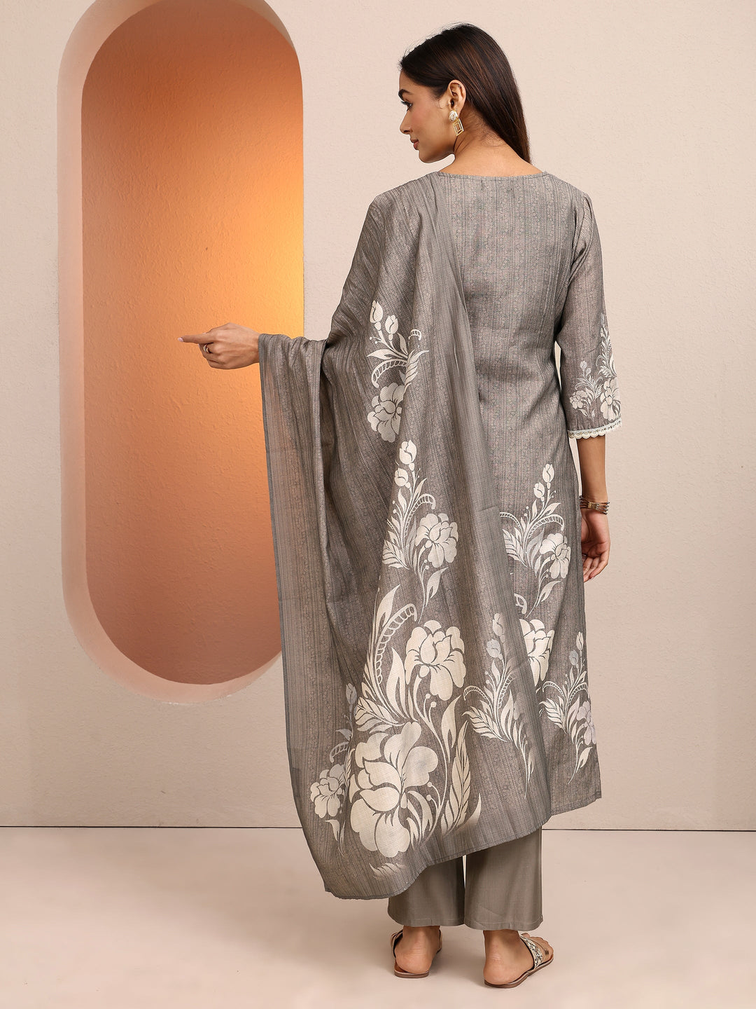  Grey Printed Silk blend Straight Suit Set With Dupatta 