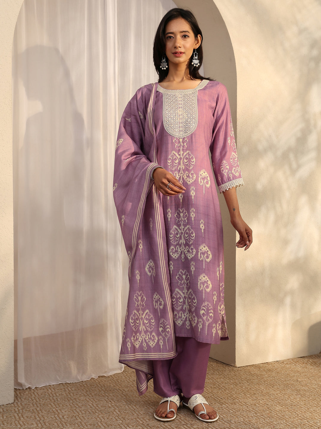 Purple Printed Silk Blend Straight Suit Set With Dupatta