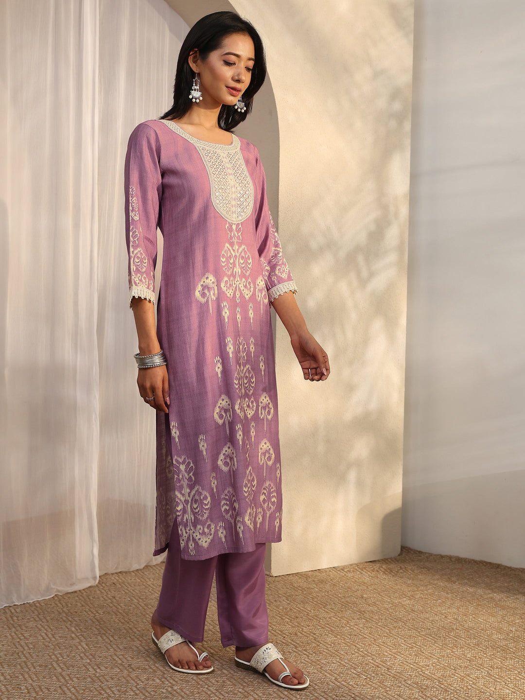  Purple Printed Silk Blend Straight Suit Set With Dupatta 
