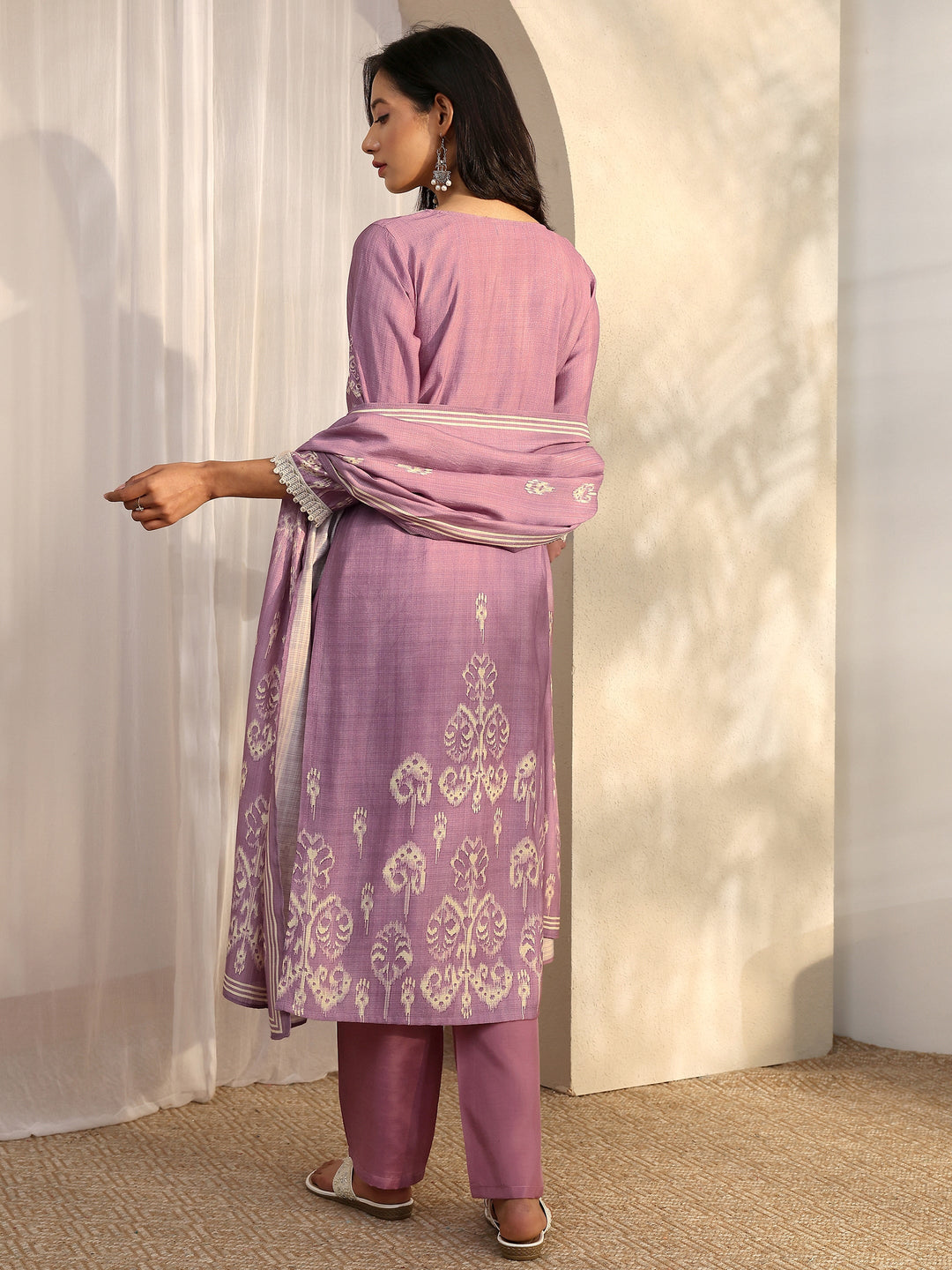  Purple Printed Silk Blend Straight Suit Set With Dupatta 