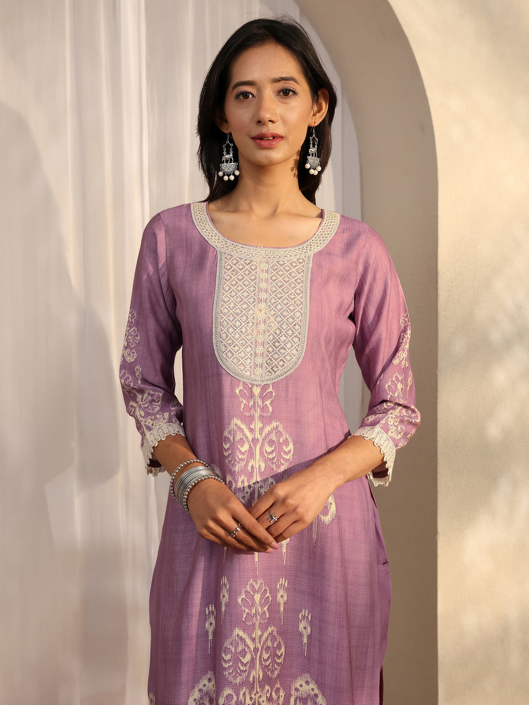  Purple Printed Silk Blend Straight Suit Set With Dupatta 