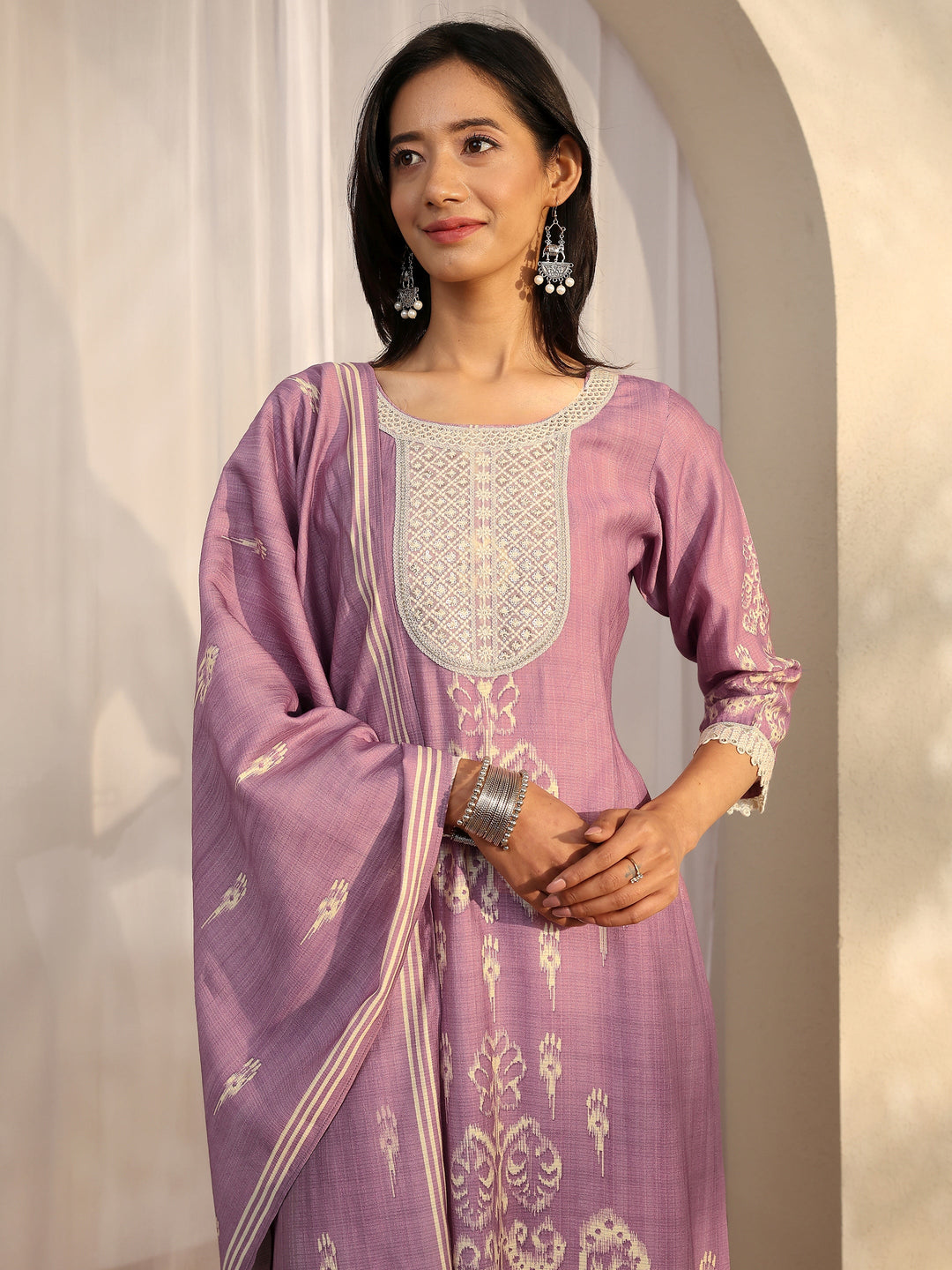  Purple Printed Silk Blend Straight Suit Set With Dupatta 