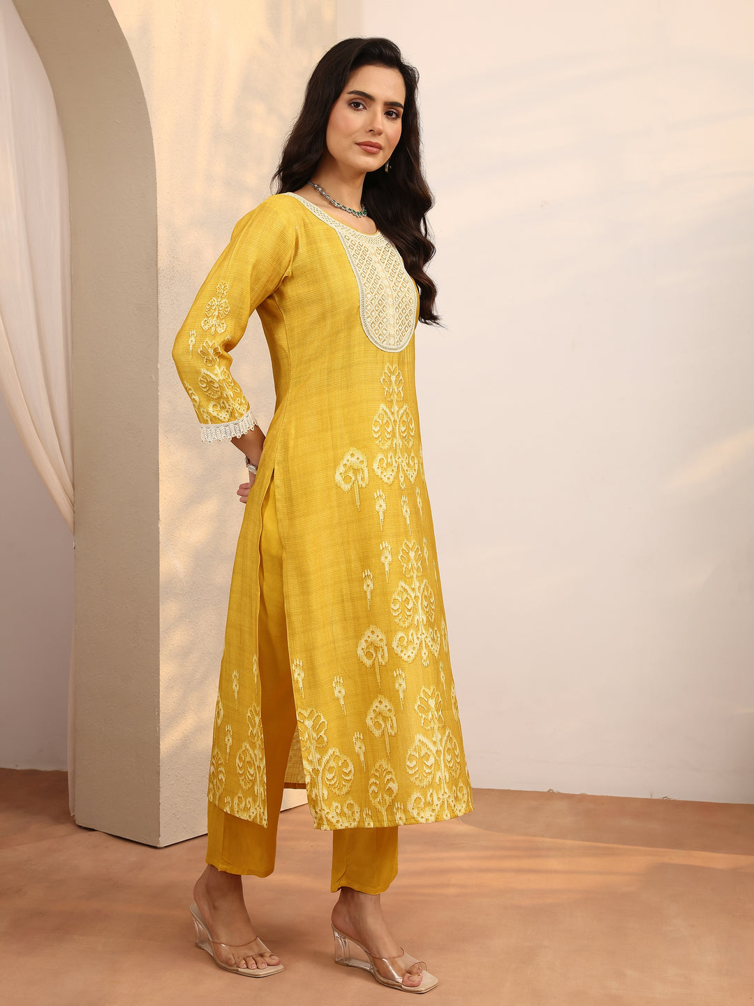  Yellow Printed Silk Blend Straight Suit Set With Dupatta 