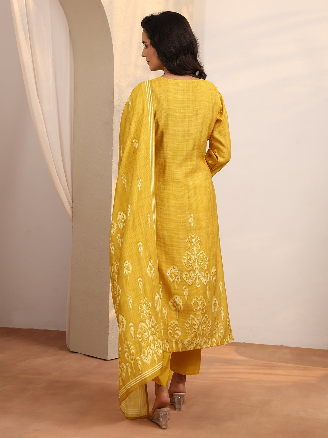 Yellow Printed Silk Blend Straight Suit Set With Dupatta 