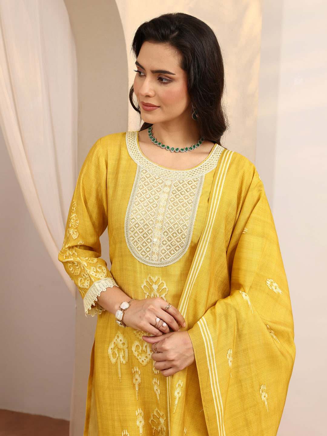  Yellow Printed Silk Blend Straight Suit Set With Dupatta 