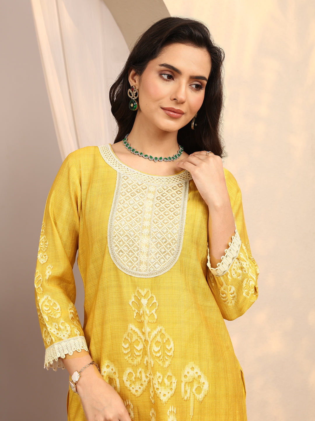  Yellow Printed Silk Blend Straight Suit Set With Dupatta 