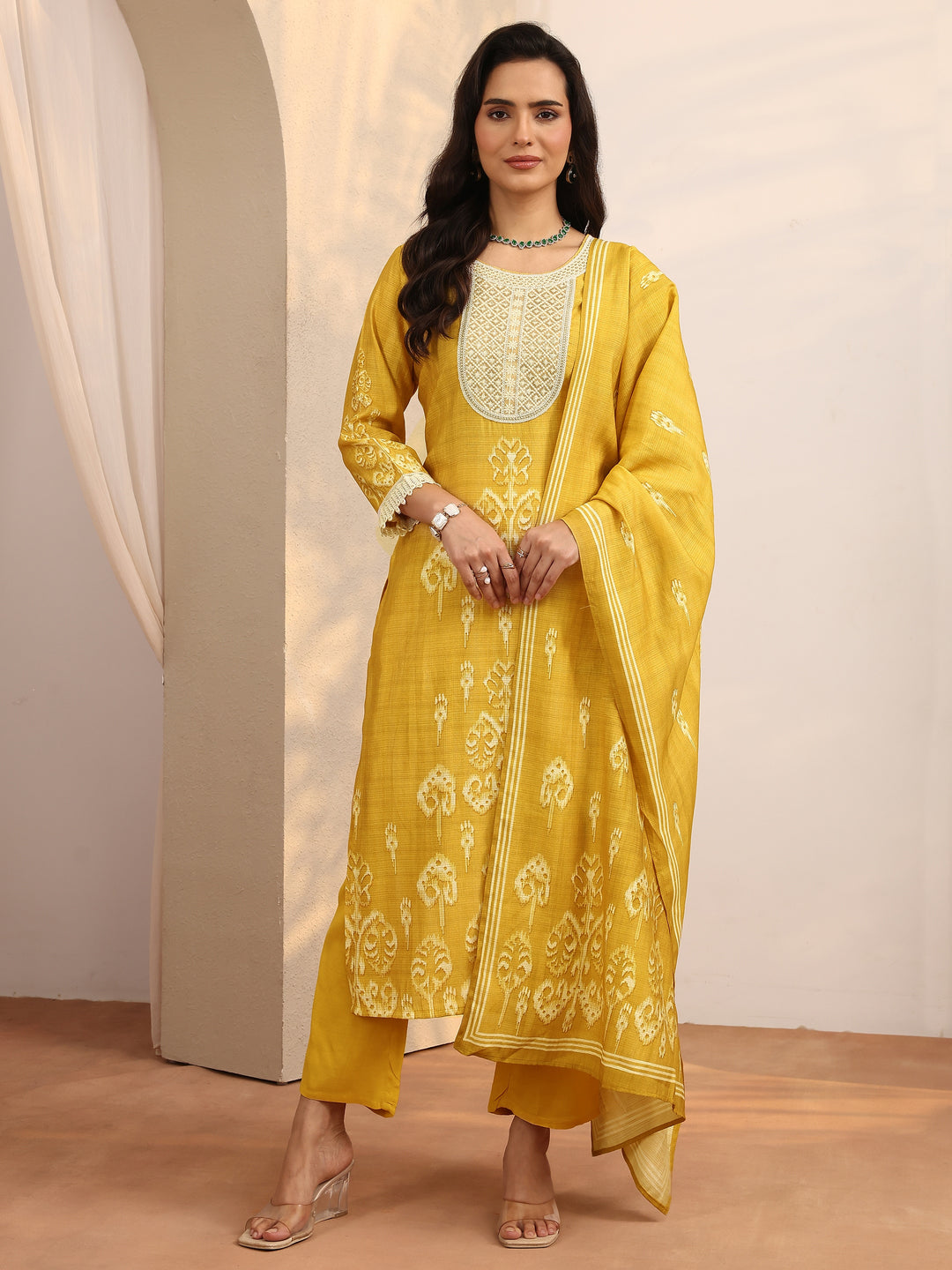  Yellow Printed Silk Blend Straight Suit Set With Dupatta 