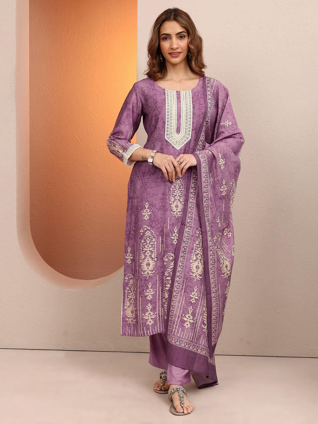  Purple Printed Silk blend Straight Suit Set With Dupatta 
