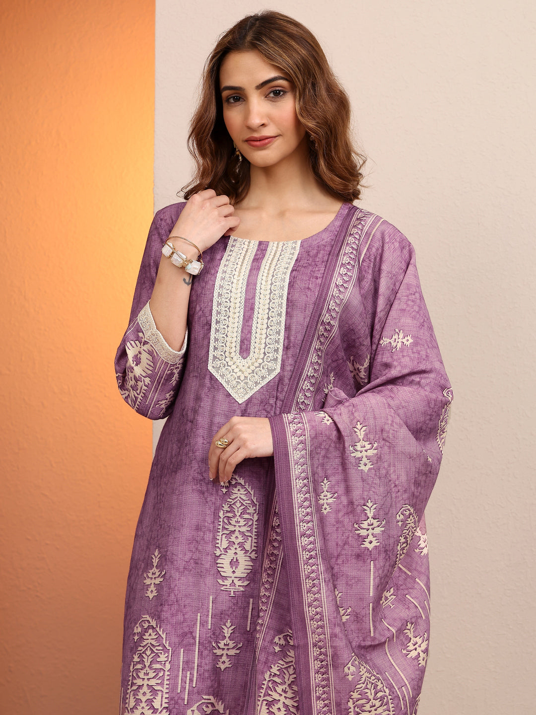  Purple Printed Silk blend Straight Suit Set With Dupatta 