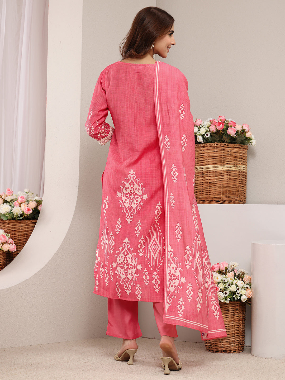  Peach Ethnic Printed Silk-Blend Straight Suit Set With Dupatta 