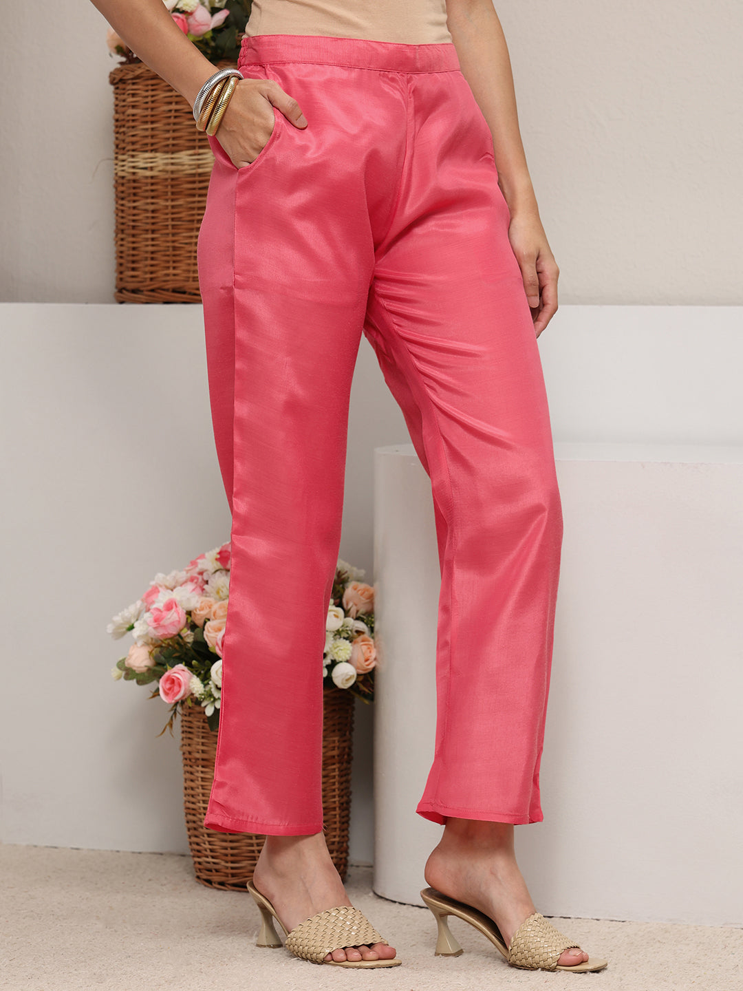  Peach Ethnic Printed Silk-Blend Straight Suit Set With Dupatta 