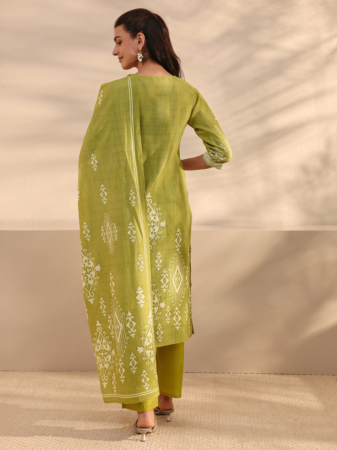  Green Ethnic Printed Silk Blend Straight Suits Set With Dupatta 