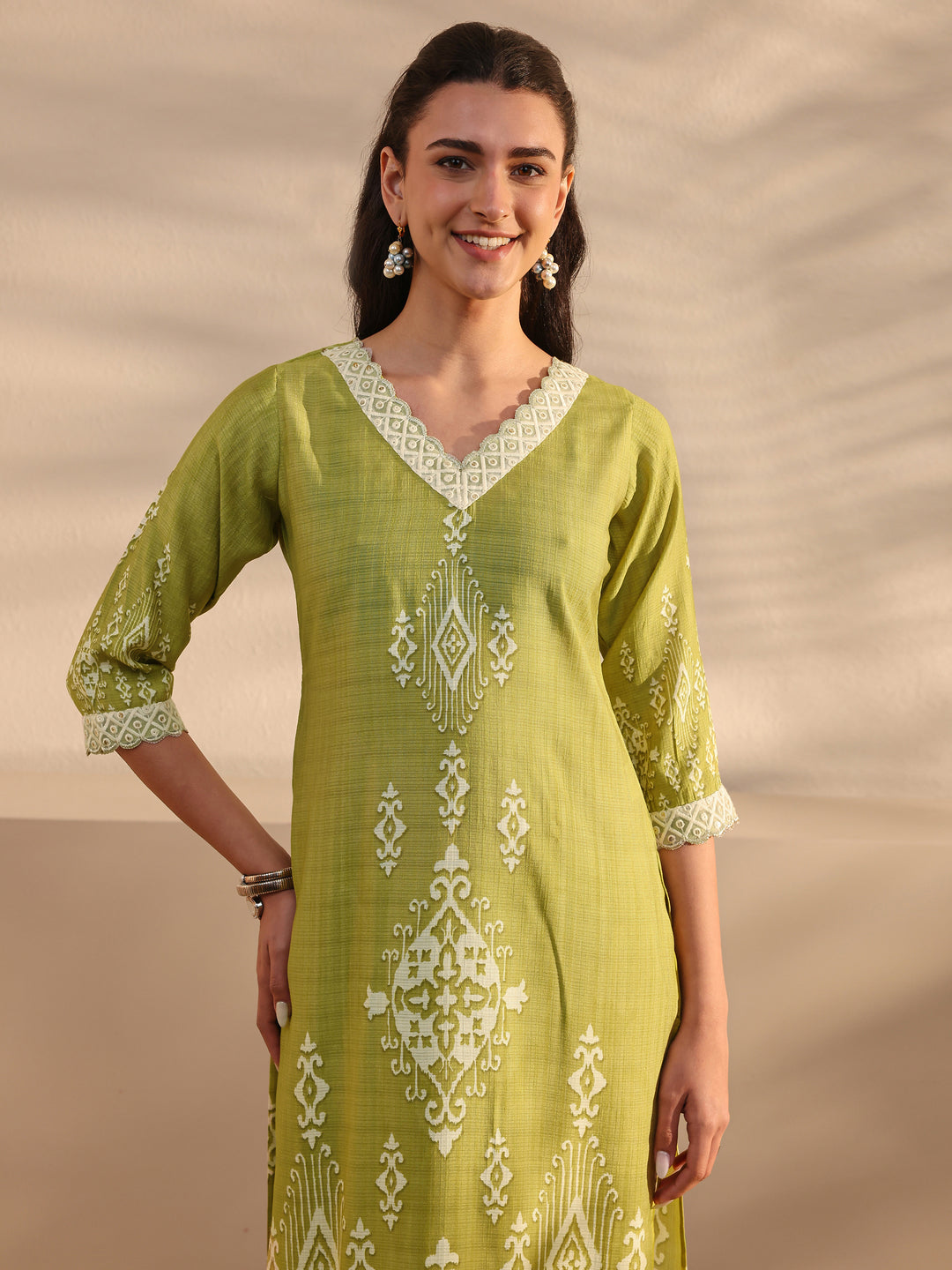 Green Ethnic Printed Silk Blend Straight Suits Set With Dupatta 